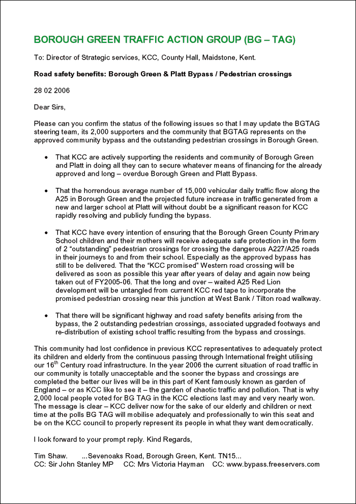 Letter sent to KCC on 28 February 2006