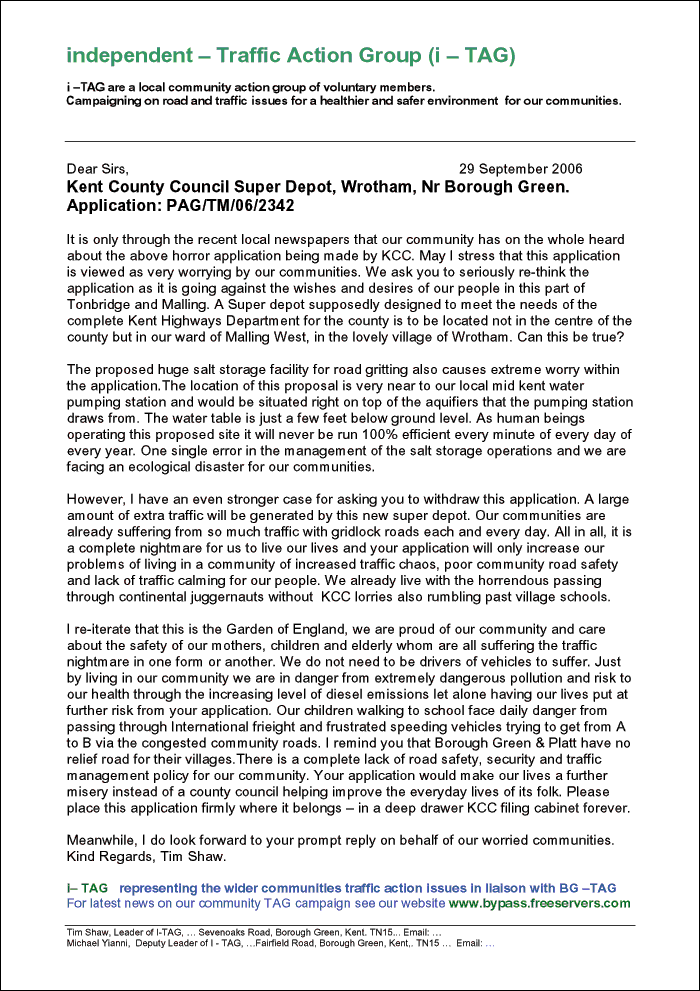 Letter to KCC regarding the Super Depot plans