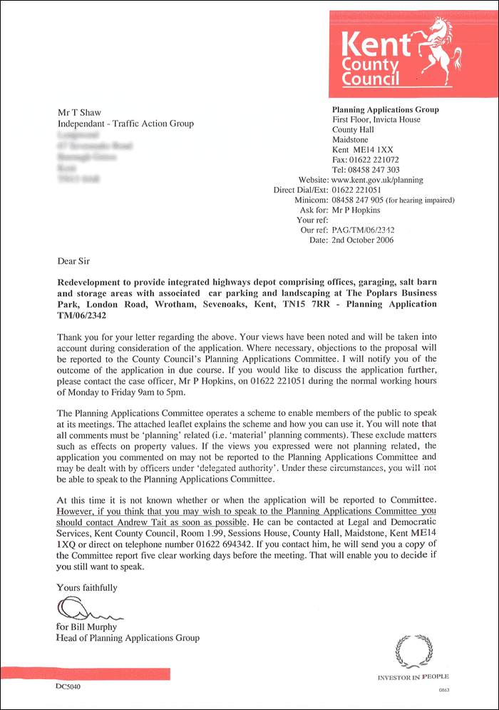 Reply from KCC dated 2 October 2006