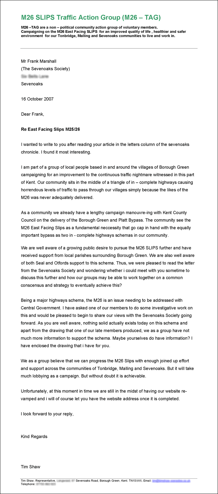 Letter to the Chairman of the Sevenoaks Society